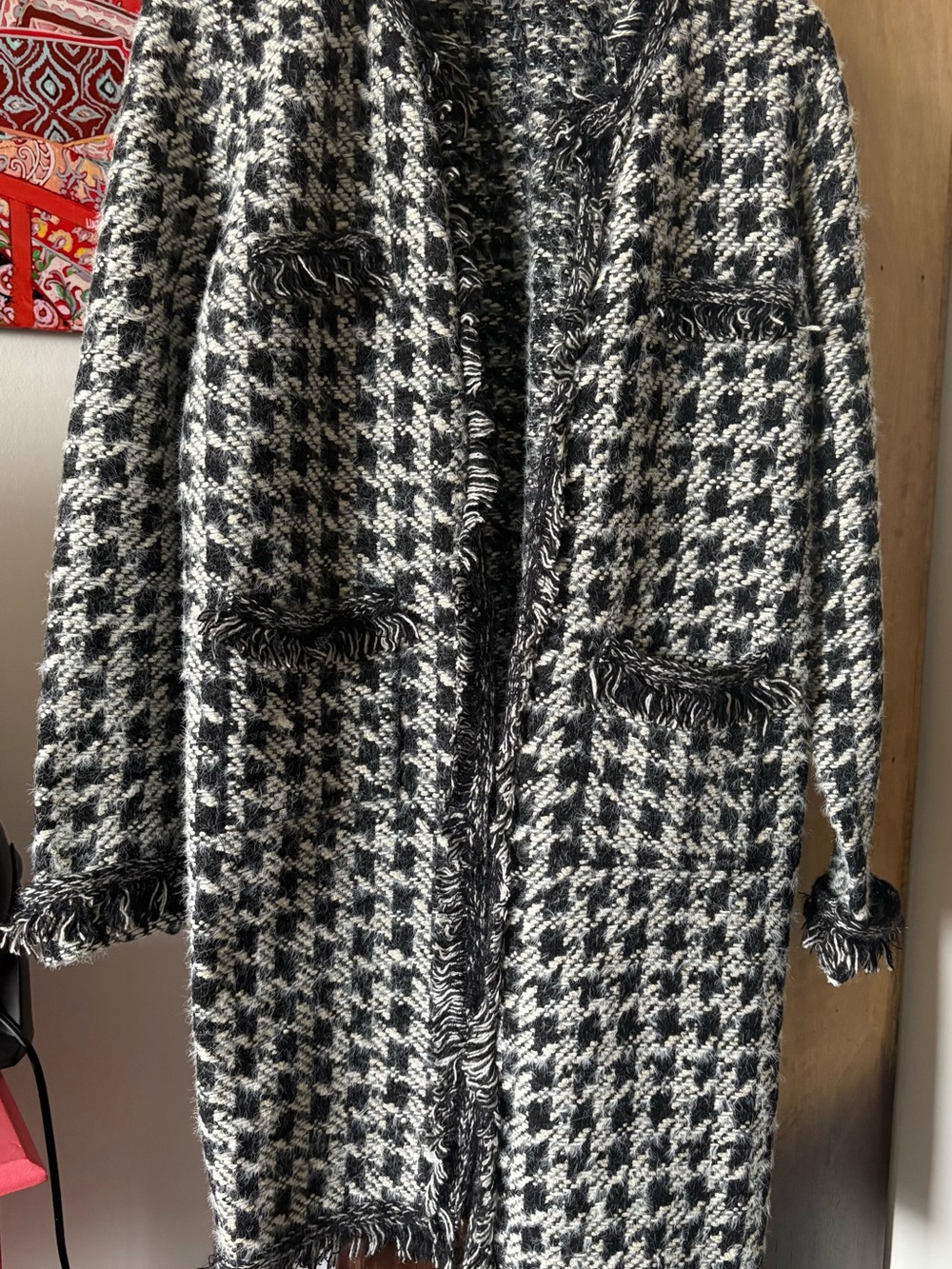 Zara Black & White Houndstooth sweater with Fringe Fits M-L